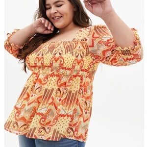 Torrid Babydoll Chiffon Smocked Yellow and Orange Top Blouse 2X NWT